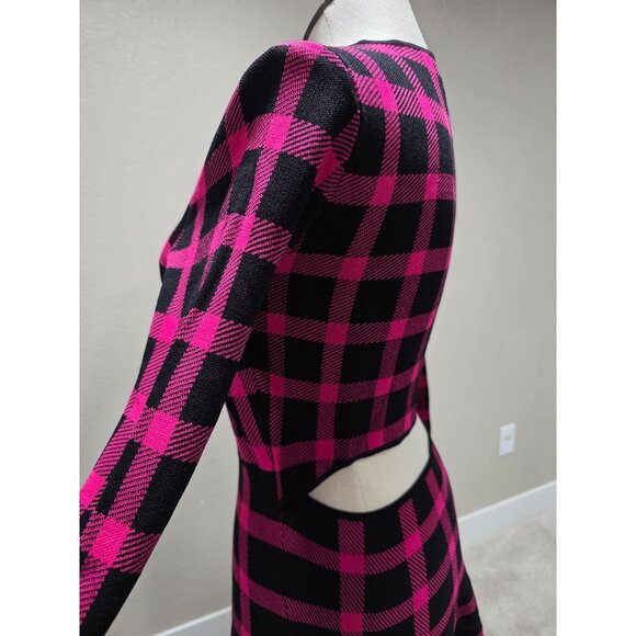 Pink & Black Plaid Long-Sleeve Cutout Dress Fitted Waist Round Neckline Stretch - Picture 8 of 10